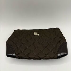 Burberry Dark Brown Quilted Cosmetic Pouch with Gold Logo leather trim